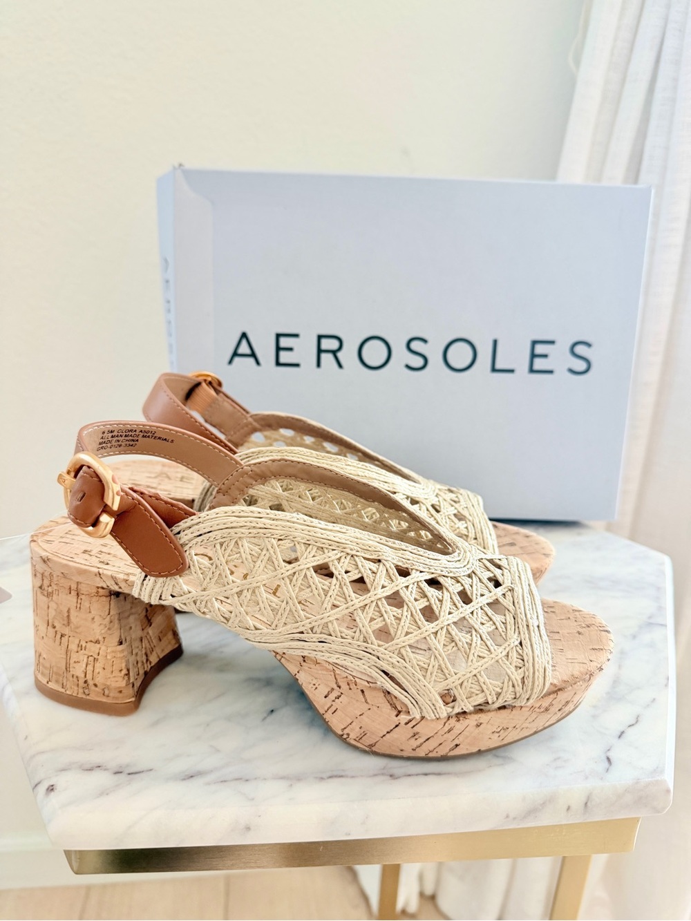 🌟 AEROSOLES Clora Raffia Cane Lattice Block Heel Platform Sandals Natural Tan
